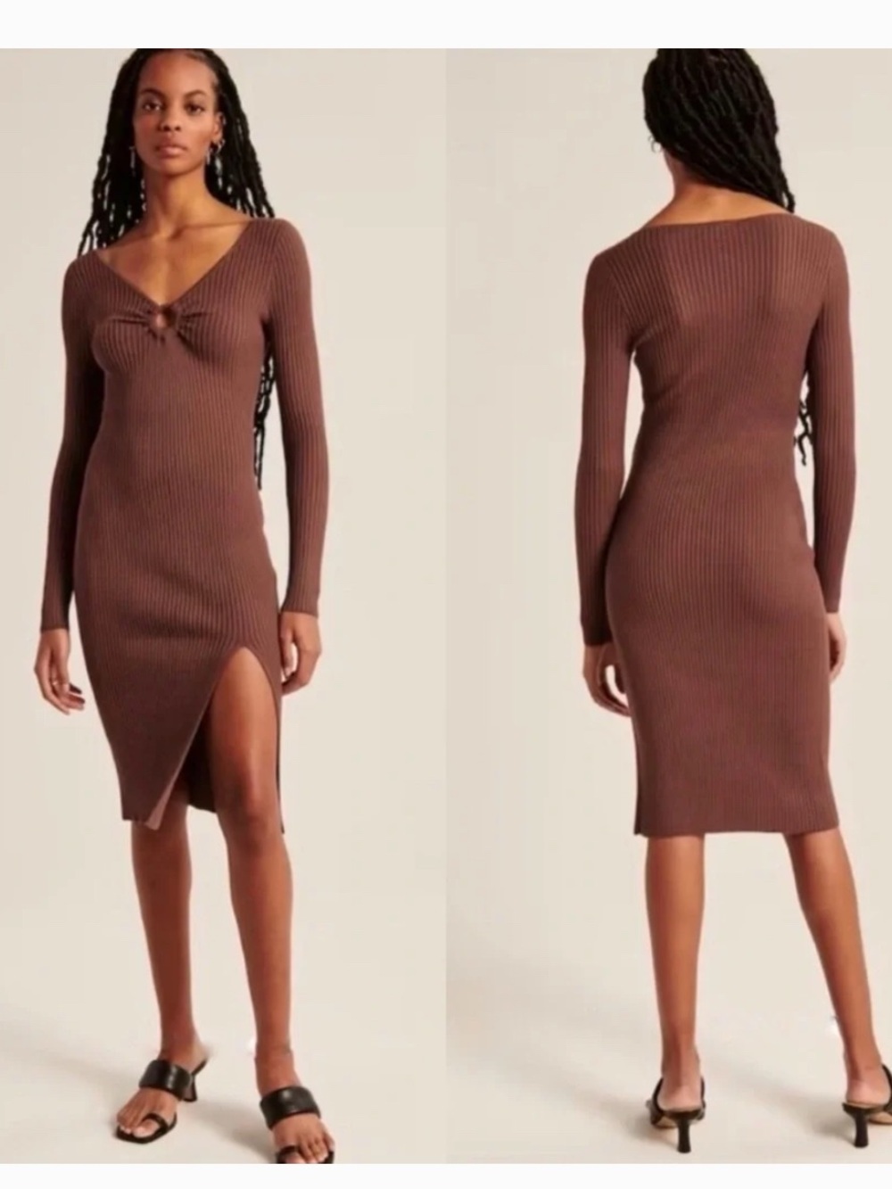 Abercrombie & Fitch Ribbed Knit Long Sleeve Dress Brown XS